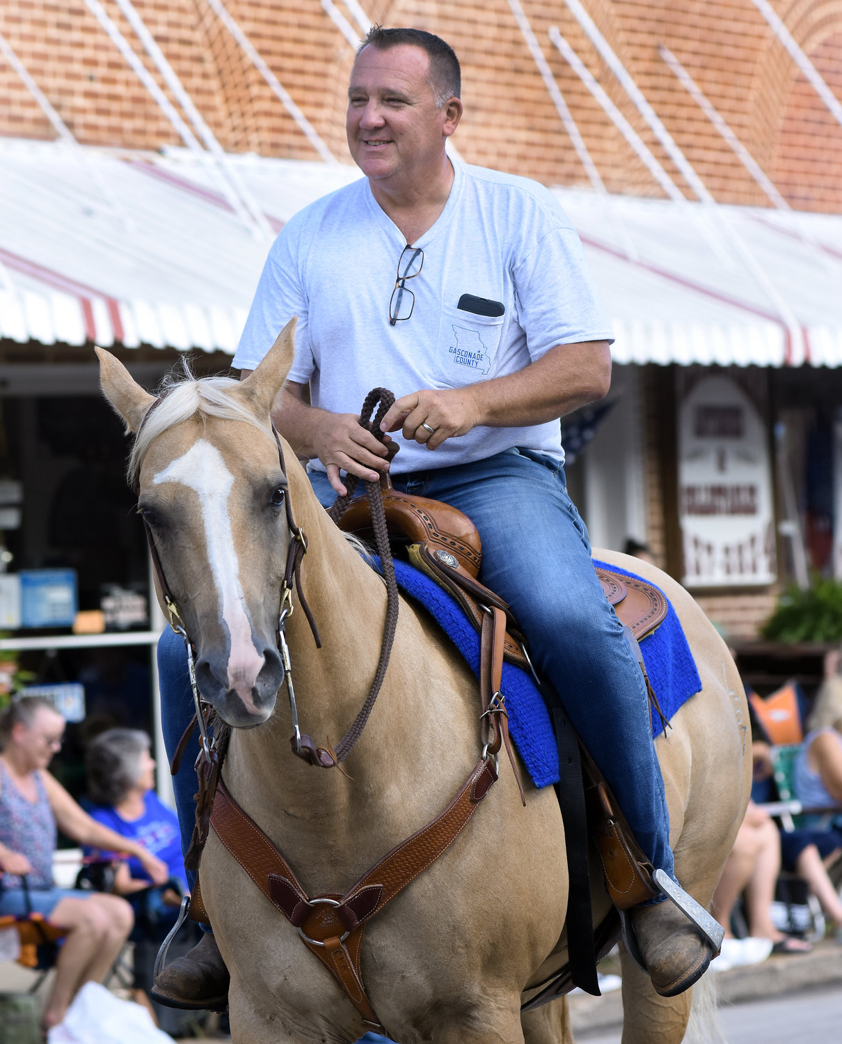 Timothy Schulte paraded on horseback during the Gasconade County Fair’s July 28 event through downtown Owensville. Schulte topped two other challengers for the Republican party nomination in the Aug. 2 Primary. He has no opponent in November.
